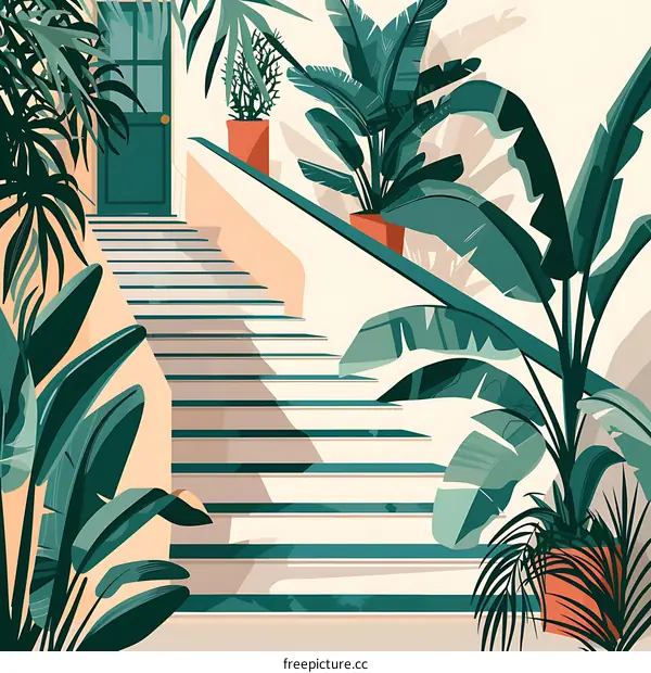 Green Tropical Plants on White Stairs With Orange Pot Illustration