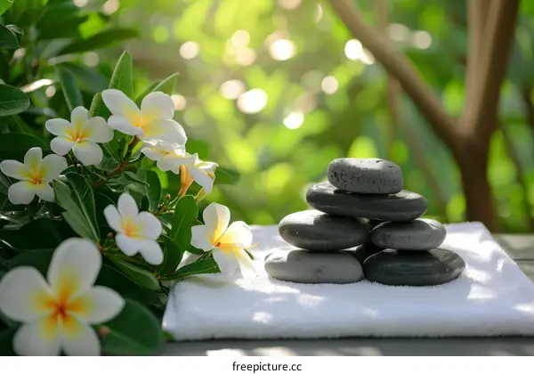 Black stones and white flowers on a white cloth