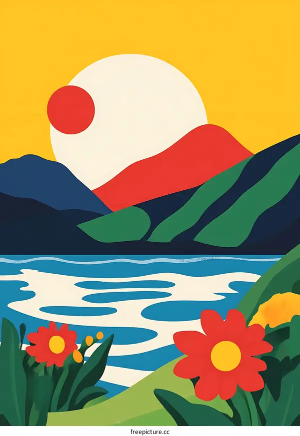 Abstract Mountain Illustration With Sun and Flowers