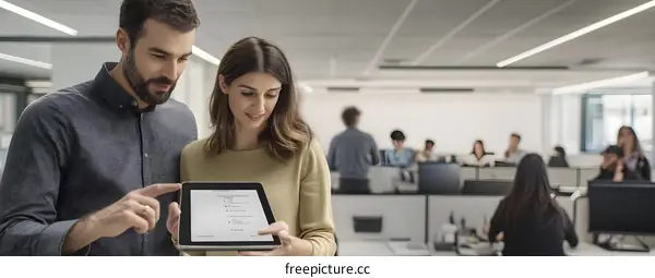 Two Colleagues Discuss Business Strategy Using a Tablet