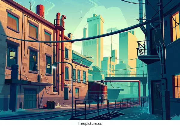 Urban Cityscape Illustration with Buildings and Pipes