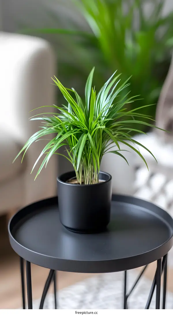 Green Plant in a Black Pot on a Modern Black Table