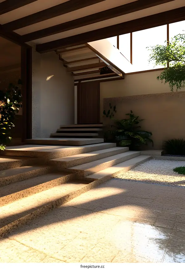 Modern Home Entrance with Stone Steps and Garden