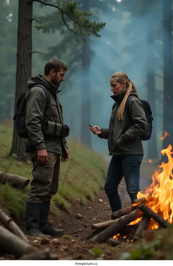 Couple Hiking in the Woods with a Campfire