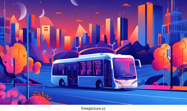 Cityscape Illustration with Bus at Night