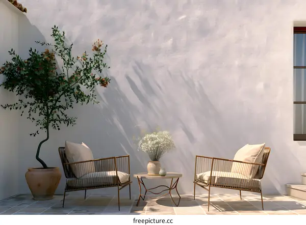 Minimalist Patio Design with White Wall and Two Chairs