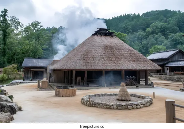 Traditional Japanese Thatched Roof House with Smoke Rising From Chimney