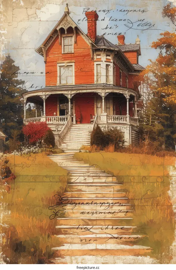 Red Victorian house with stairs leading up to the front door