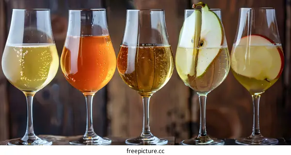 Five Glasses of Sparkling Apple Cider with Fruit Garnish