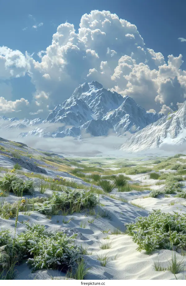 A beautiful landscape with mountains, snow, and greenery