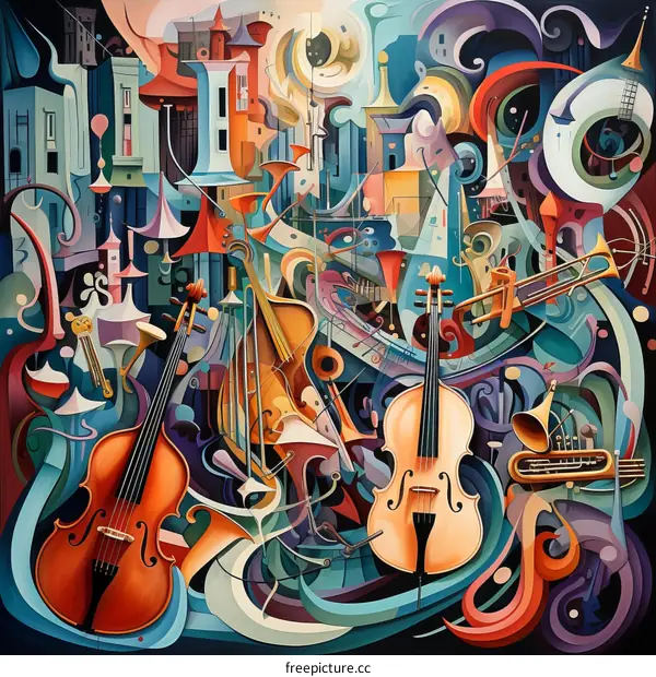 Colorful abstract painting of musical instruments