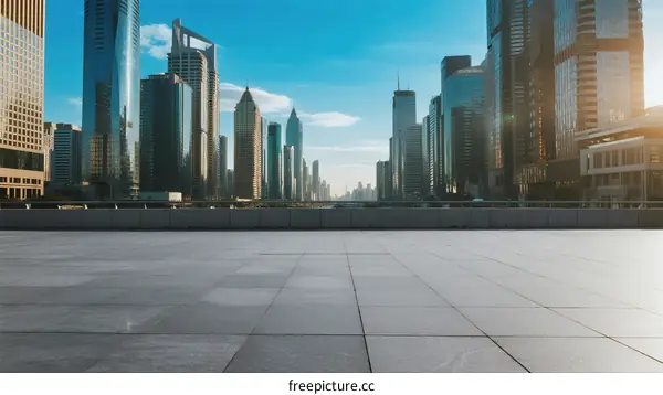 Modern city skyline with tall buildings under clear blue sky