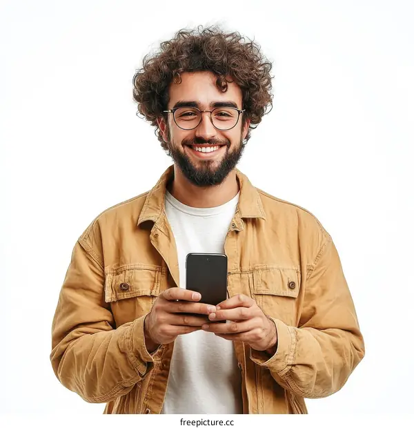 Smiling Young Man Using Smartphone