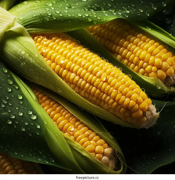 Fresh corn on the cob with green leaves