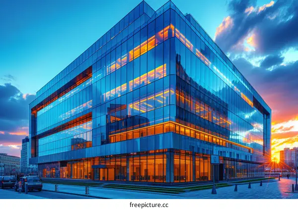 Blue glass office building with the reflection of the sunset