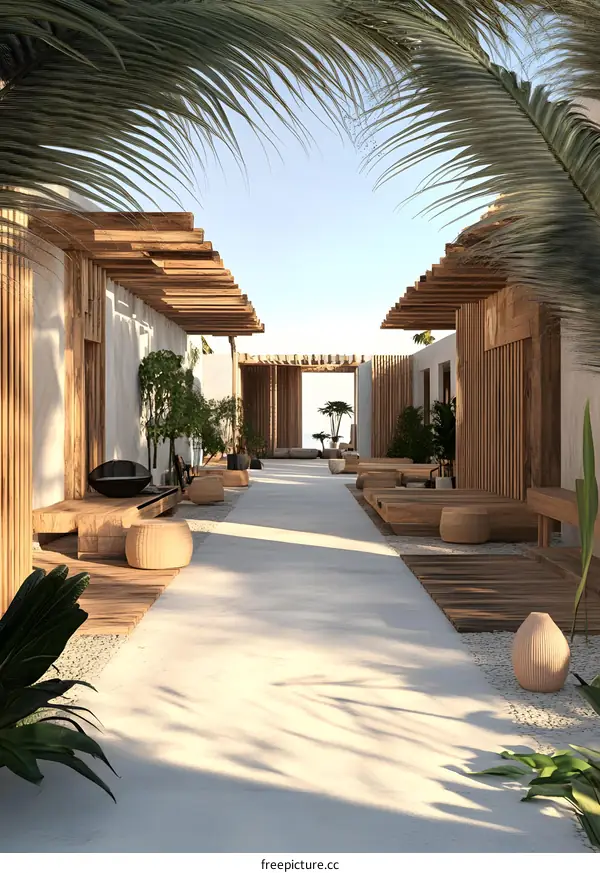 Tropical Minimalist Courtyard with Wooden Structures and Palm Trees