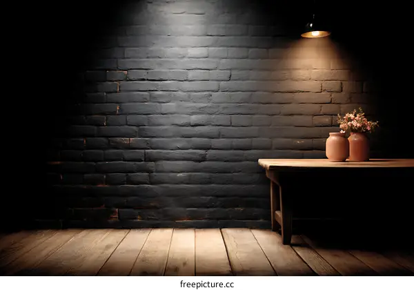 Dark Brick Wall Room Interior with Wooden Table