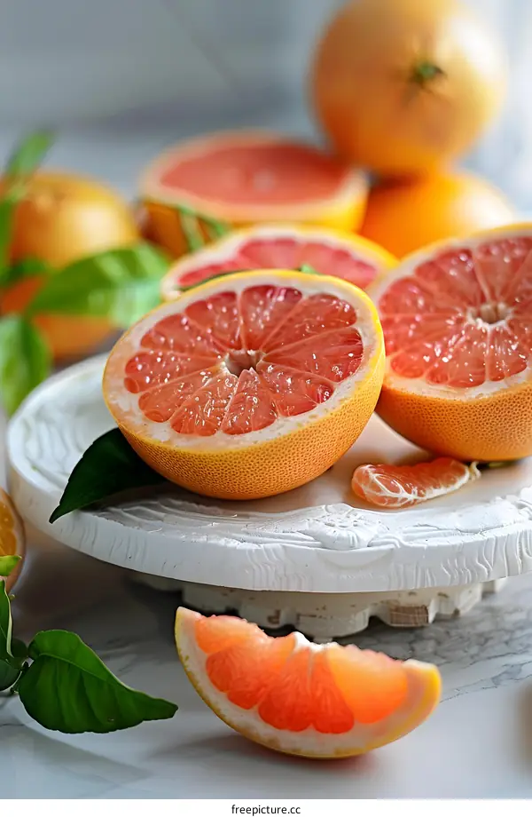 Freshly Cut Ripe Grapefruits on White Plate