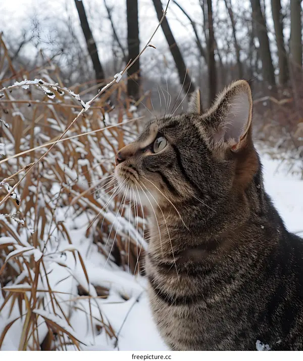 A cat looking up at a branch in the snow
