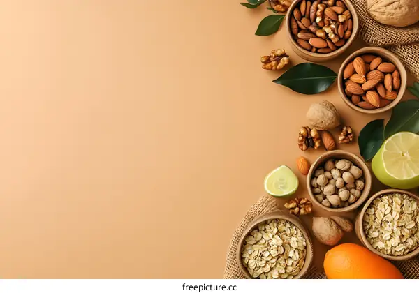 Healthy Food Background with Nuts, Oats, and Fruits