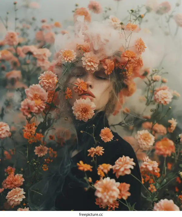 Young woman standing in a field of flowers with a smoky flower crown