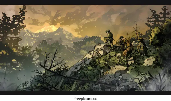 Soldiers Looking at Mountain Range in the Distance