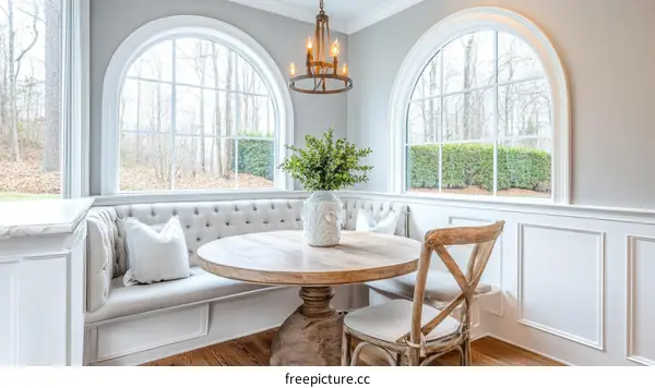 Elegant Farmhouse Dining Nook with Large Bay Window