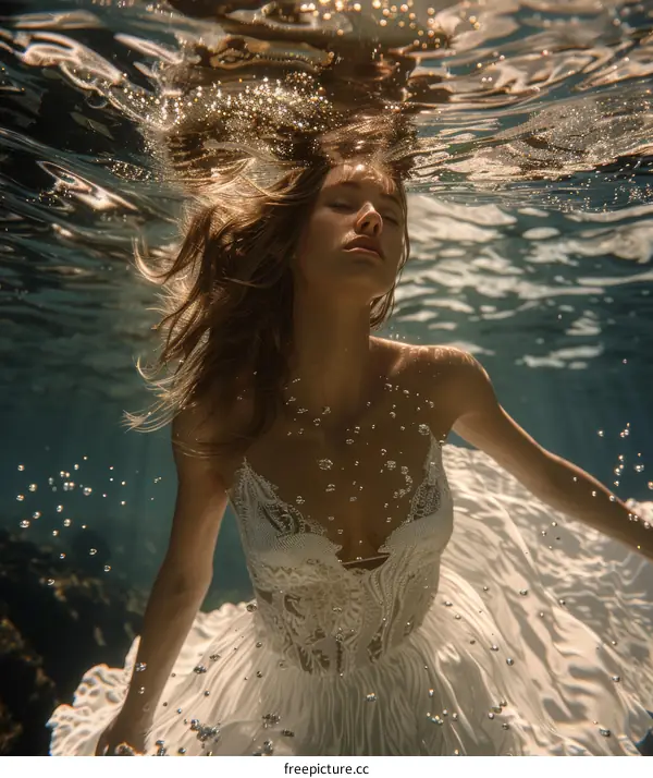 An ethereal portrait of a woman in a wedding dress, captured gracefully underwater.