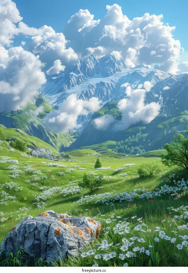 Tranquil Mountain Landscape with Serene River and Vibrant Flora