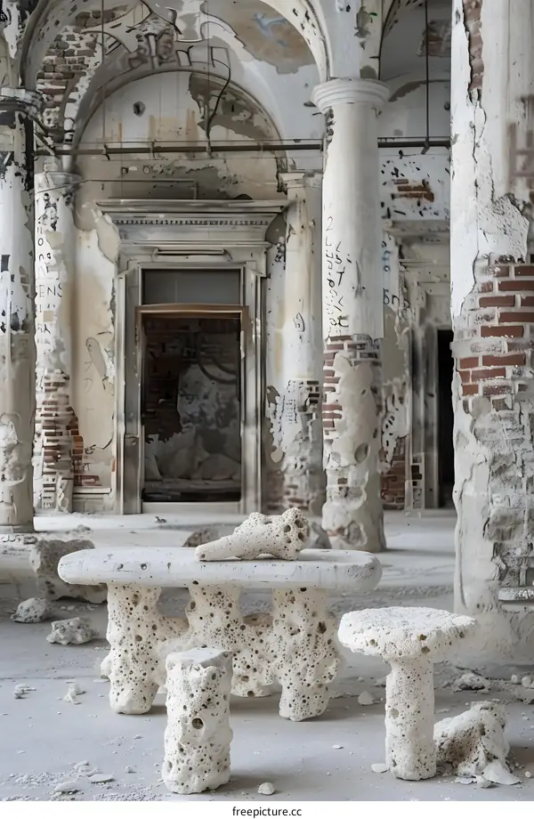 White Stone Table And Chairs Set In An Abandoned Building