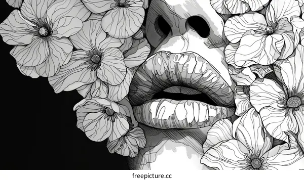 Minimalist Black and White Line Drawing of a Woman's Lips with Flowers