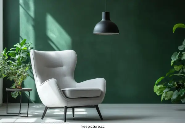 Modern Living Room with Green Wall and Comfortable Armchair
