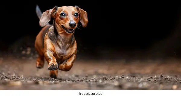 A happy brown miniature dachshund running in the dirt