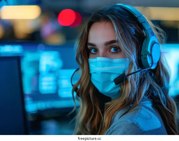 Portrait of a young female it specialist in a headset and a medical mask working at the computer in a dark room