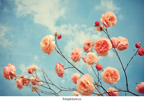 Pink roses in full bloom against a backdrop of blue sky