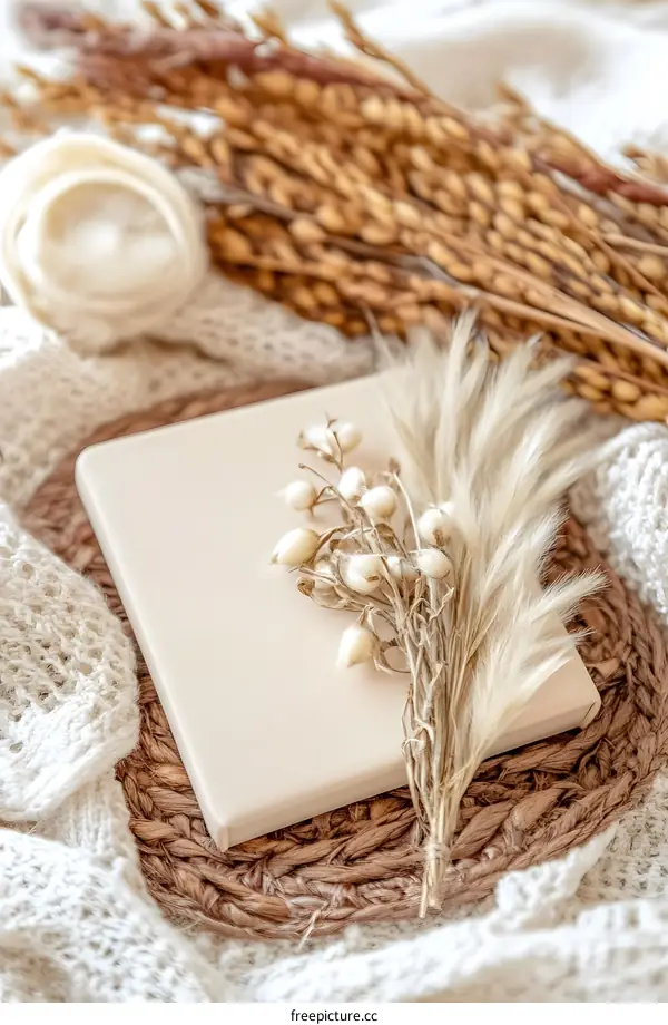 Beige Book with Dried Flowers on Woven Mat
