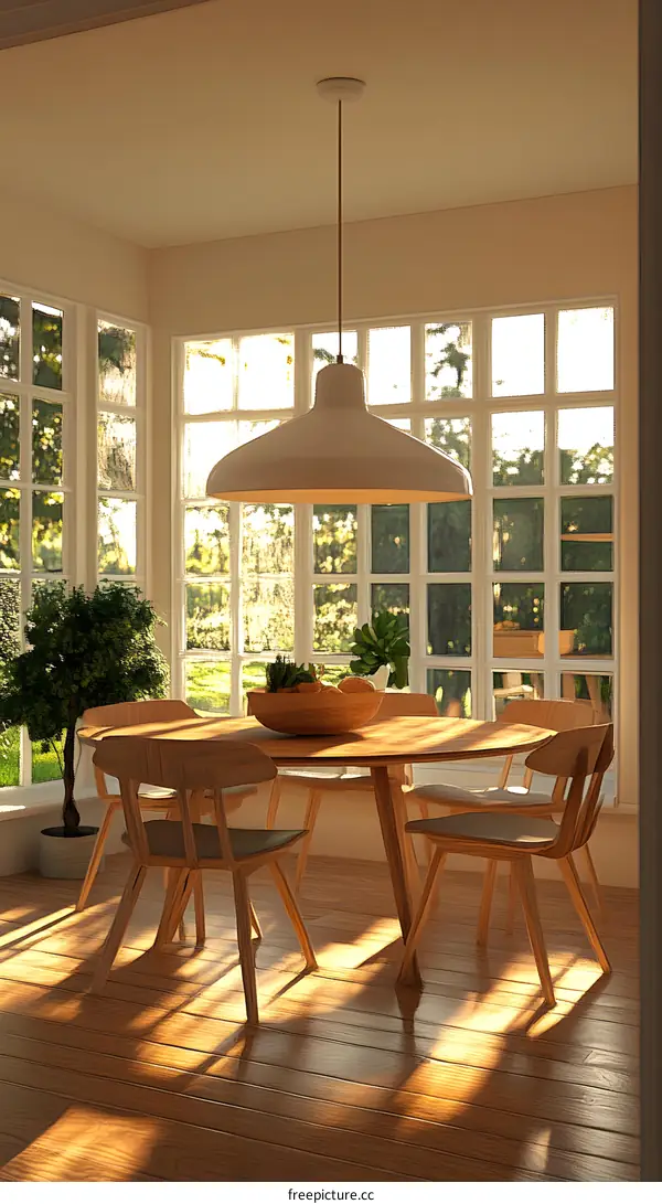 Sunlit Dining Room with Wooden Table and Chairs