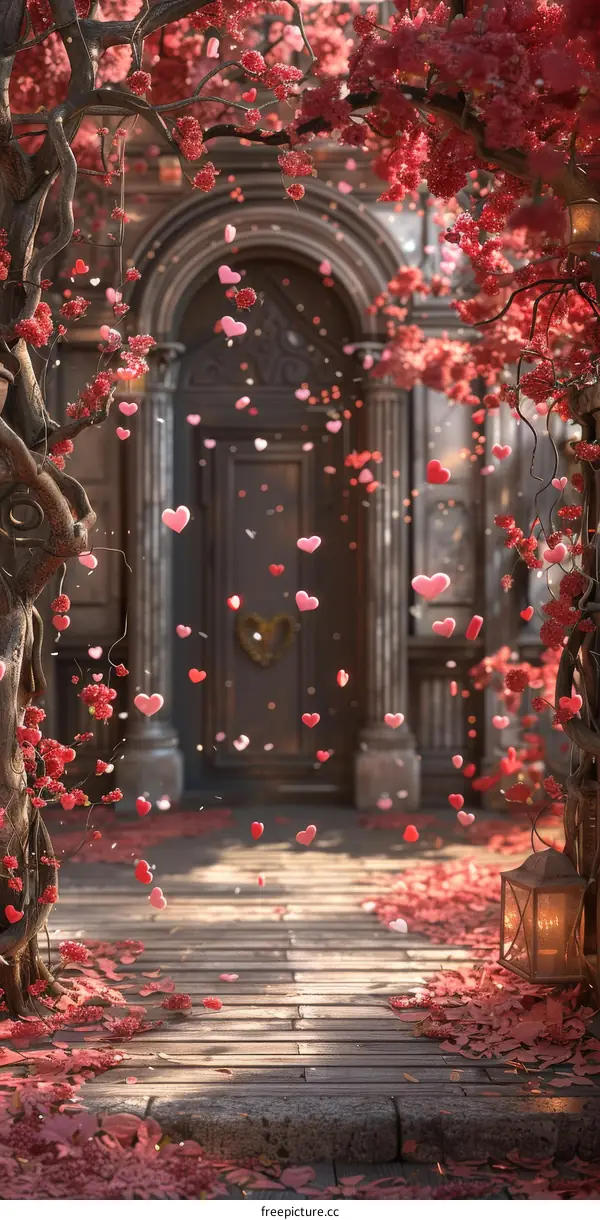 Pink Cherry Blossoms Falling in an Idyllic Garden with a Wooden Door