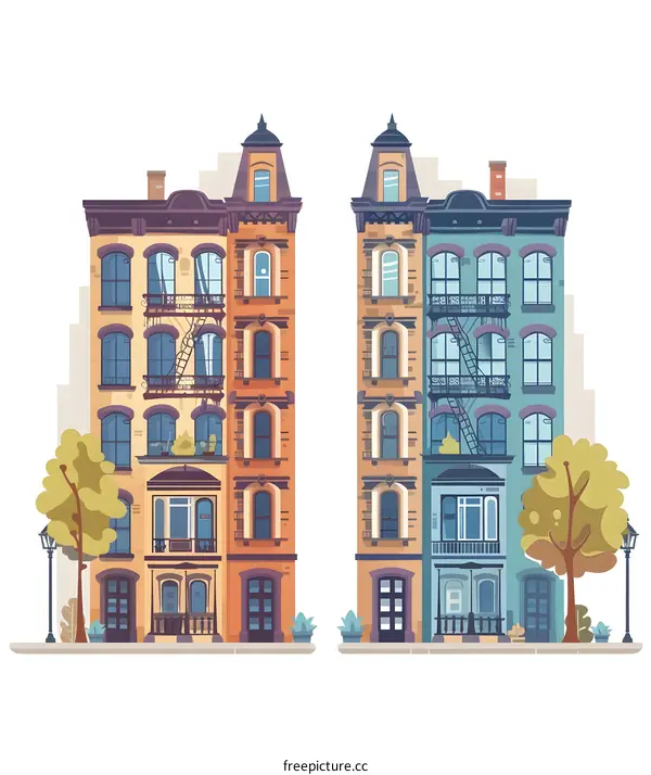 Cityscape Illustration with Two Buildings on a Street
