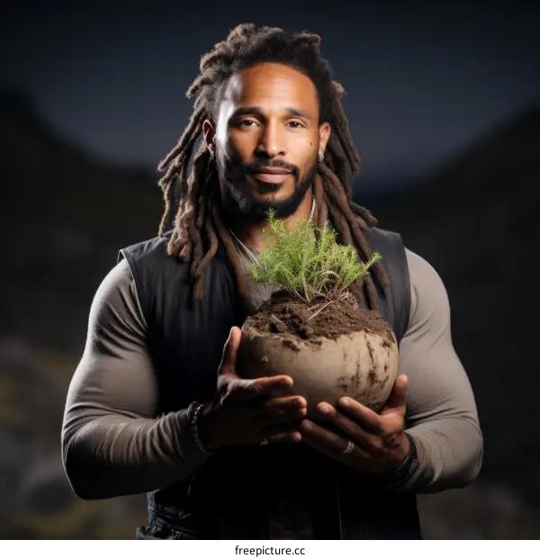 portrait of a black man holding a plant in his hands