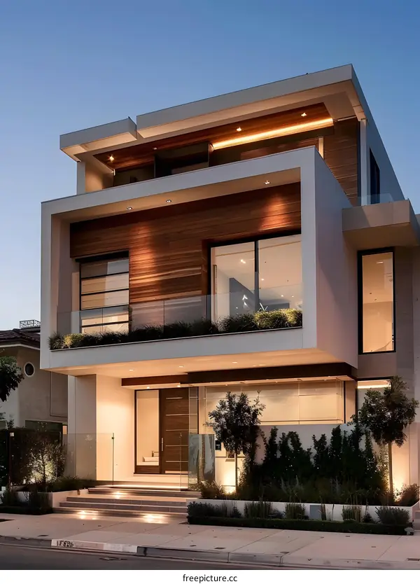 Modern House with Wooden Facade and Glass Balcony