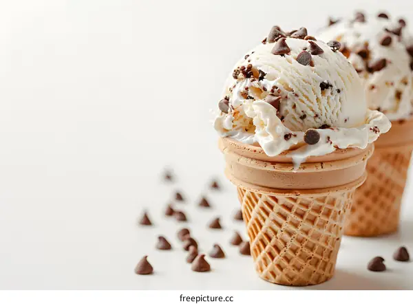 Two ice cream cones with chocolate chips