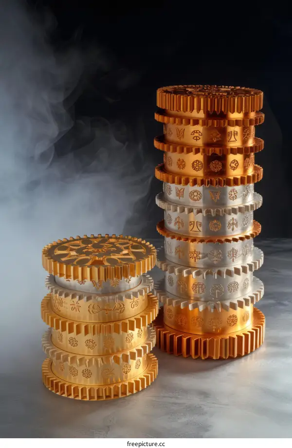 A stack of metal disks with symbols