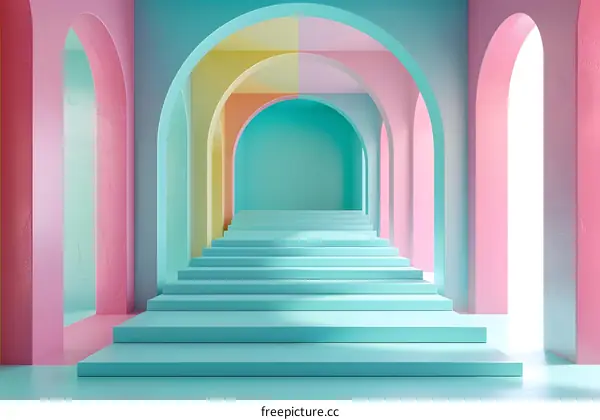 Blue and pink pastel color 3D rendered background with arches and stairs