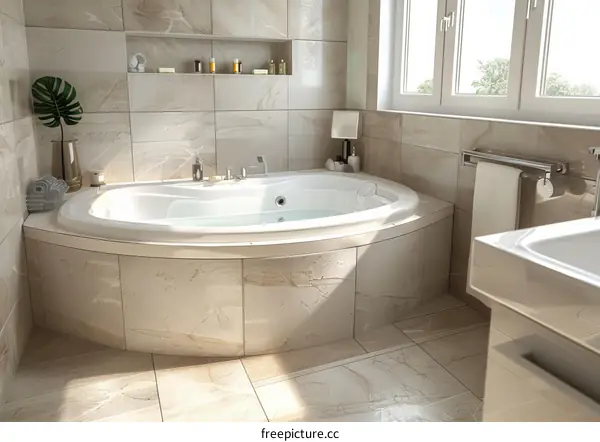 Modern Luxurious Corner Jacuzzi Bathtub in Beige Marble Tile Bathroom