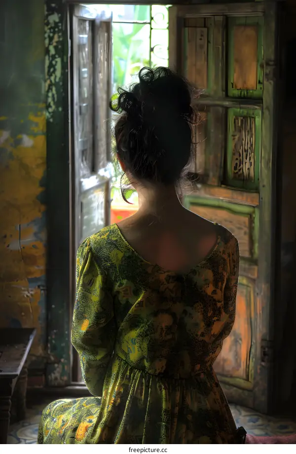 A woman in a yellow dress is sitting in front of a green wooden door