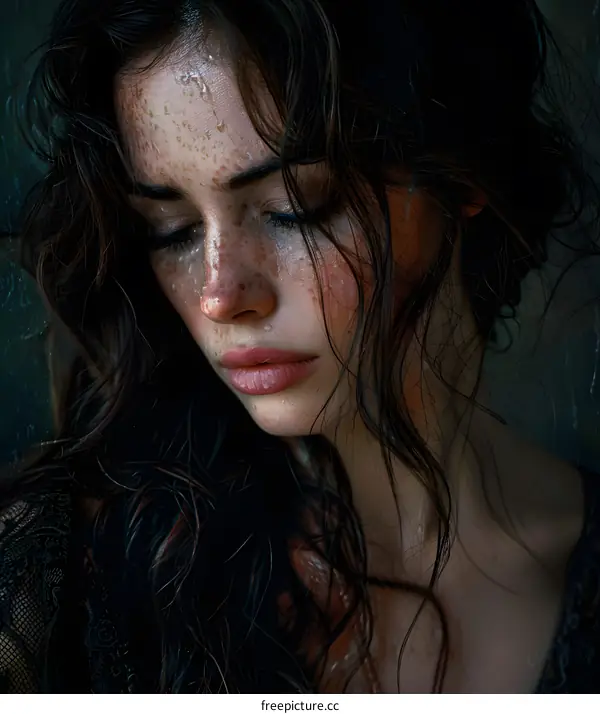 Portrait of a crying woman with dark hair and freckles