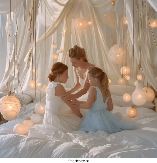A mother and her two daughters are sitting on a bed with a white canopy.