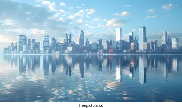 Cityscape with skyscrapers and a river in the foreground