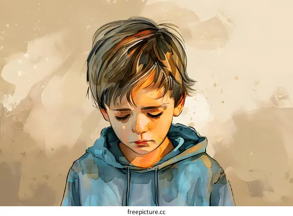 watercolor painting of a sad boy in a blue hoodie looking down